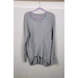 EVOLUTION BY CYRUS Sweater Cable Knit Asymmetric Hem L Gray Fisherman Cozy Warm